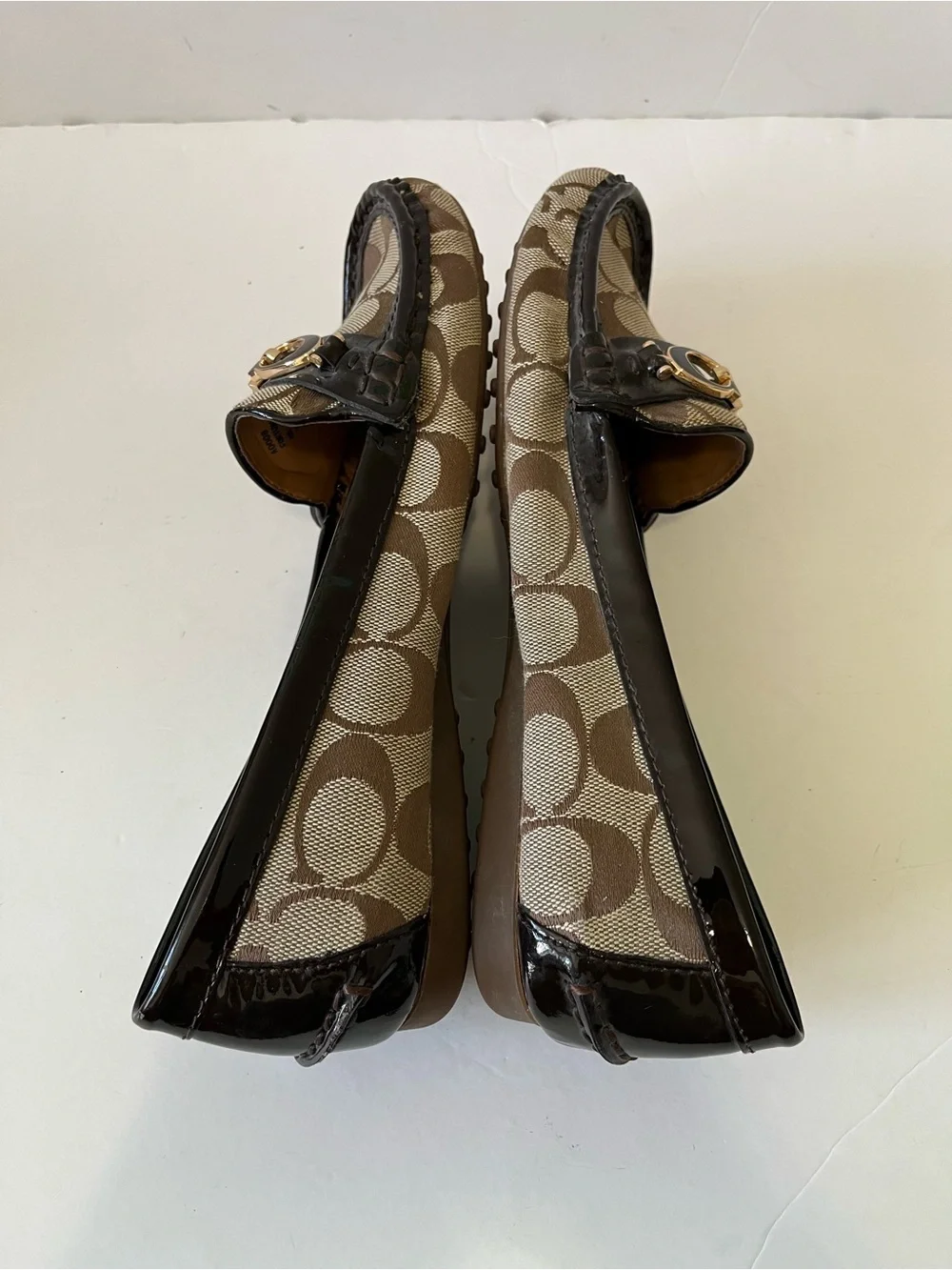 Coach fortunata Brown Signature Canvas logo Gold driving Loafers size 7.5B